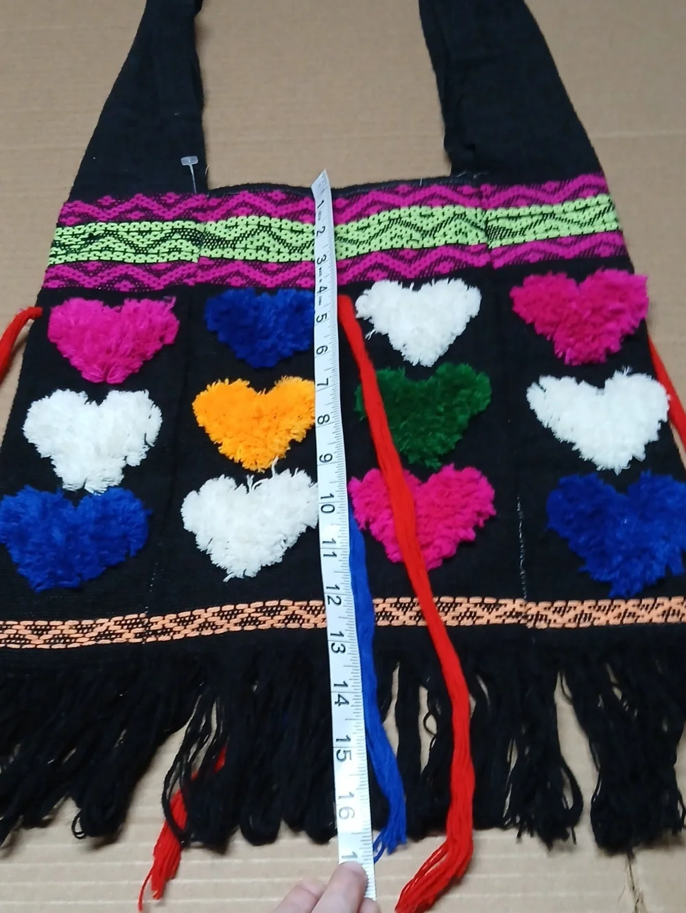 Boho Woven Fabric Hobo Shoulder Bag Black Fringe w/ Multicolor Fuzzy Hearts
